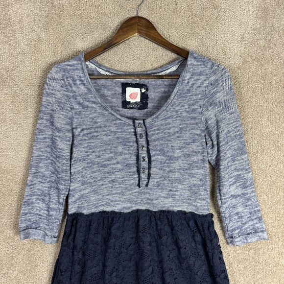 Anthro Lilka Dress Womens Small Blue‎ Lace Overlay Henley Knit Boho Stretch - Picture 2 of 11